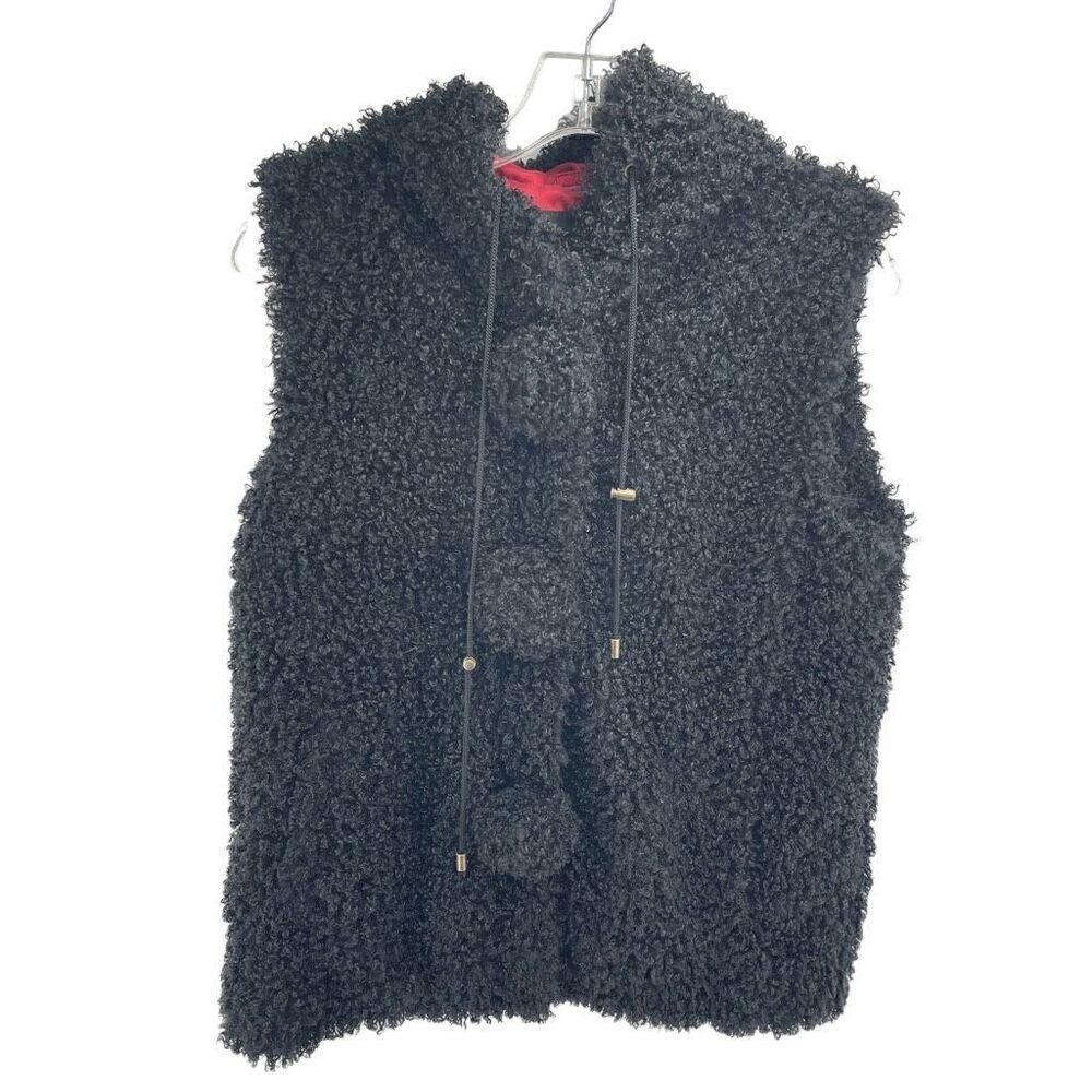 Montanaco Womens Hooded Vest Sherpa Pom Pom Drawcord Polyester Black Size Medium